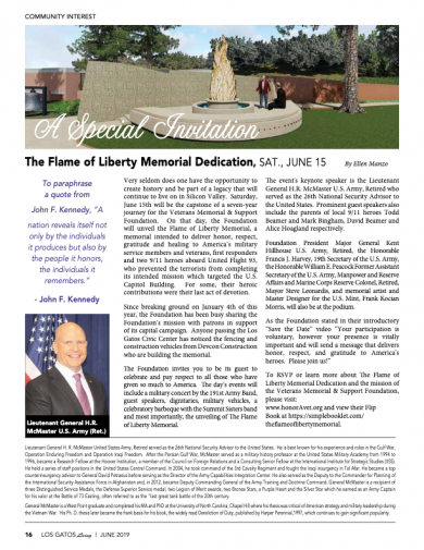 A Special Invitation:  The Flame of Liberty Memorial Dedication, SAT., JUNE 15
