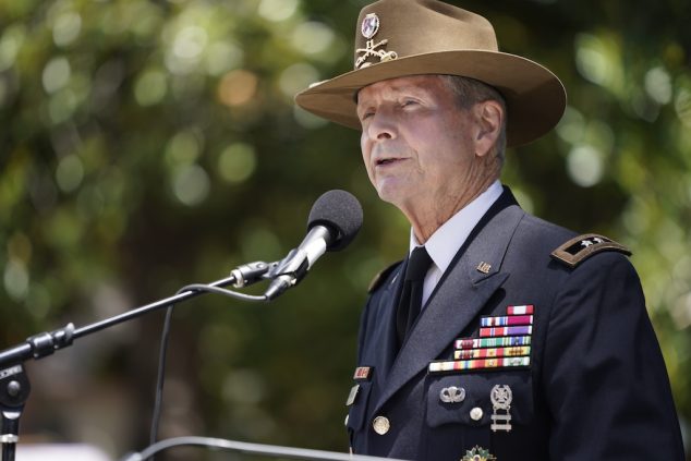 SPEAKING UP - Maj. Gen. Kent Hillhouse, U.S. Army (Ret.) serves as president of the Veterans Memorial & Support Foundation. Here he’s pictured addressing an audience of about 1,500 at the dedication of The Flame of Liberty Memorial.