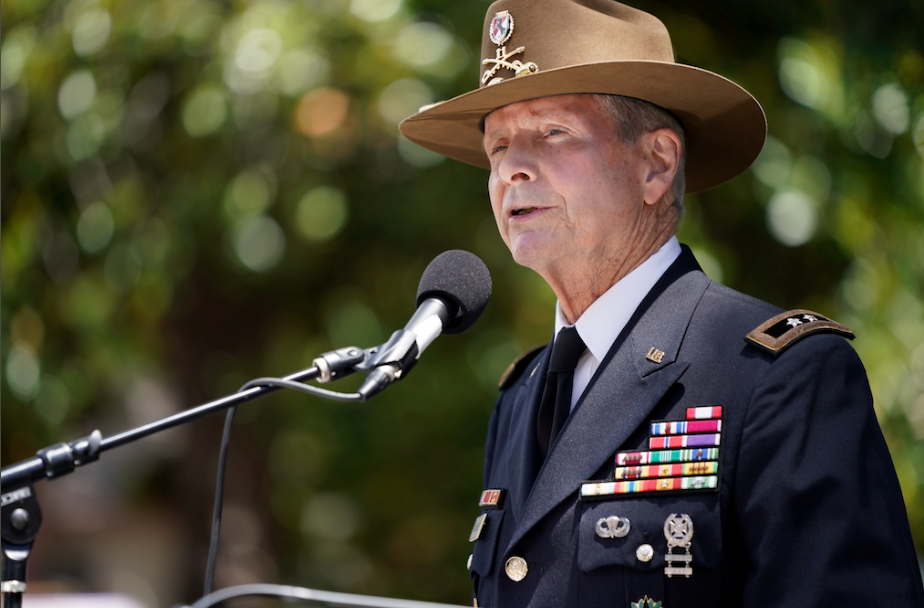 GEN Kent Hillhouse US Army (ret) speaking at the Flame of Liberty podium